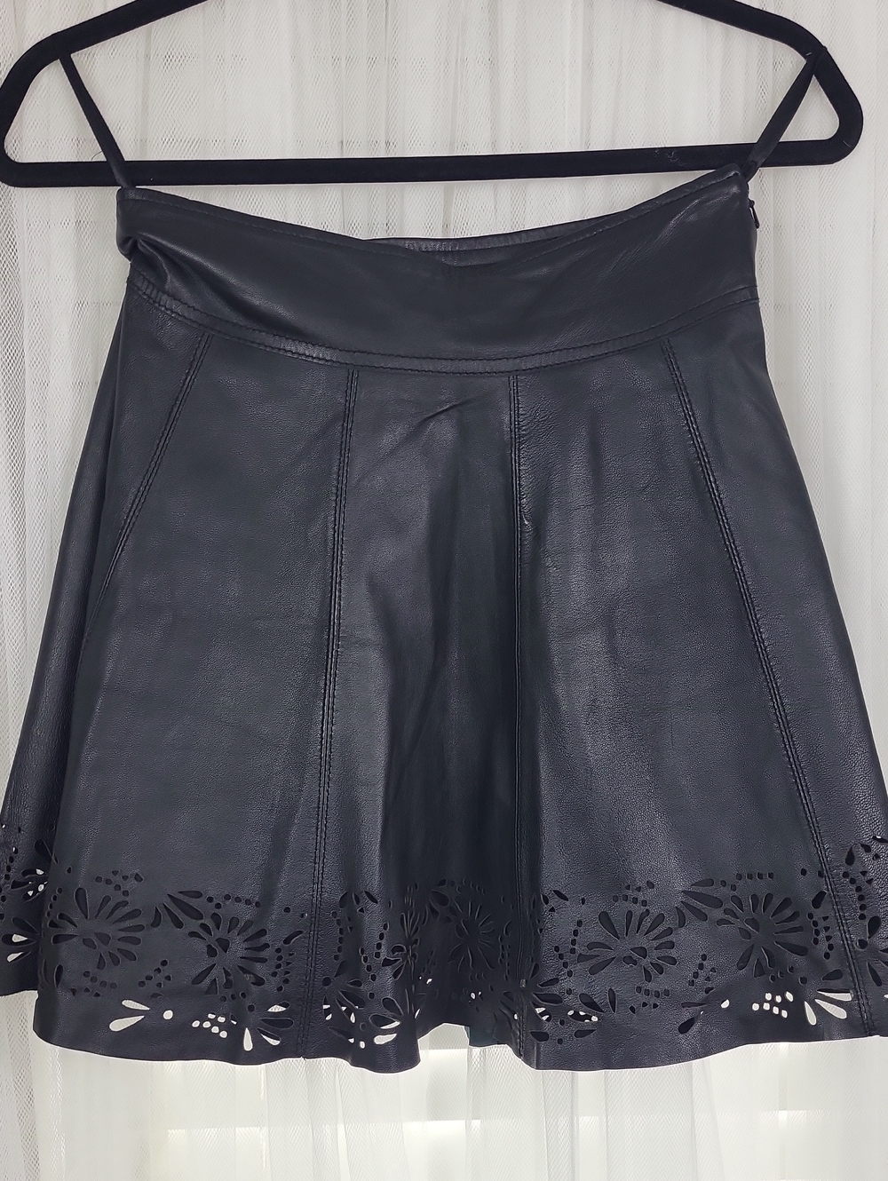 Black Leather A-Line 100% Leather Skirt with Laser-Cut Hem. Size XS